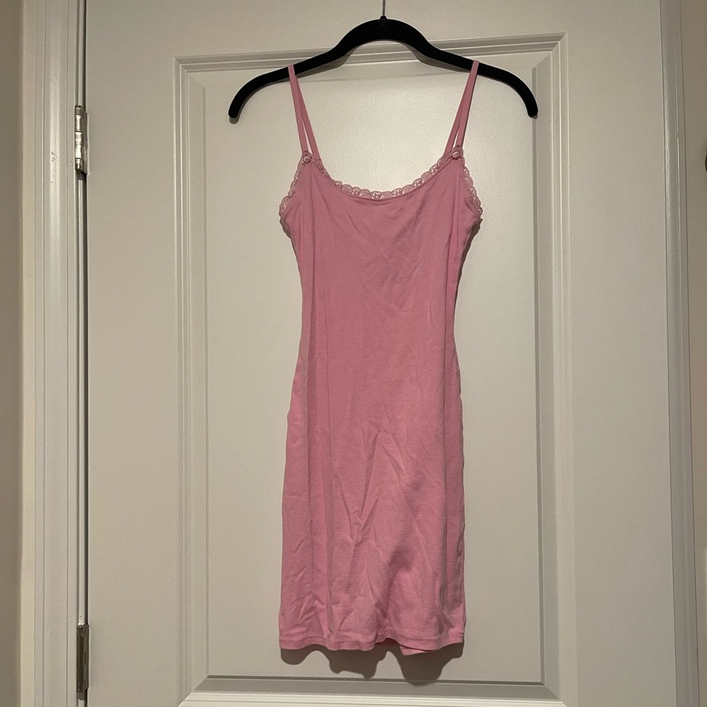 Skims Logo Pointelle bubblegum pink slip mini dress lace trim rosette tank cami